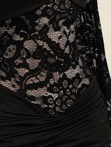 SHEIN ICON 女士纯色蕾丝拼接透视立领长袖迷你连衣裙 - 黑色 - 查看 7