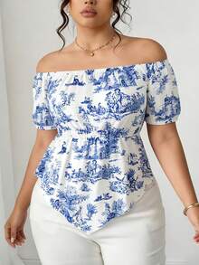 INAWLY Blouse ample pour femmes avec imprimé bleu et blanc de porcelaine, manches en pétale, taille haute, ourlet asymétrique, Top décontracté - Blanc - Voir 4