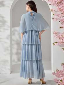 Veilorie Women's Solid Color Stand Collar 3D Floral Decor Multi-Tier Ruffle Hem Elegant Dress - Mint Blue - View 8