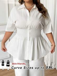 SHEIN CURVE+ 大码女式夏季休闲日常通勤简约纯色收腰宽松衬衫 - 白色 - 查看 8