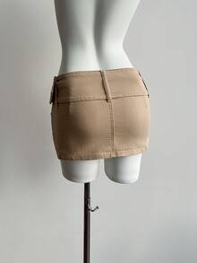 Elamini Jupe mini en jean moulante avec ceinture à œillets et boucle, style décontracté, quotidien et de rue. Couleur unie minimaliste, pour l'été - Kaki - Voir 3