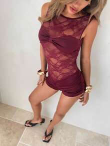 Aloruh 女士优雅圆领无袖蕾丝拼接连体裤 - 酒紅色 - 查看 7