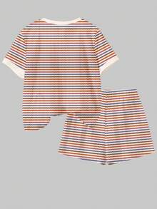 两件套多巴胺彩色条纹复古花卉刺绣印花少女休闲舒适宽松圆领短袖T恤和短裤套装，适合春夏日常、居家、外出、度假、复活节等场合。 - 彩色 - 查看 2