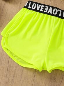 SHEIN 2件套女童针织纯色字母弹力腰背心和短裤运动套装 - 綠色 - 查看 7
