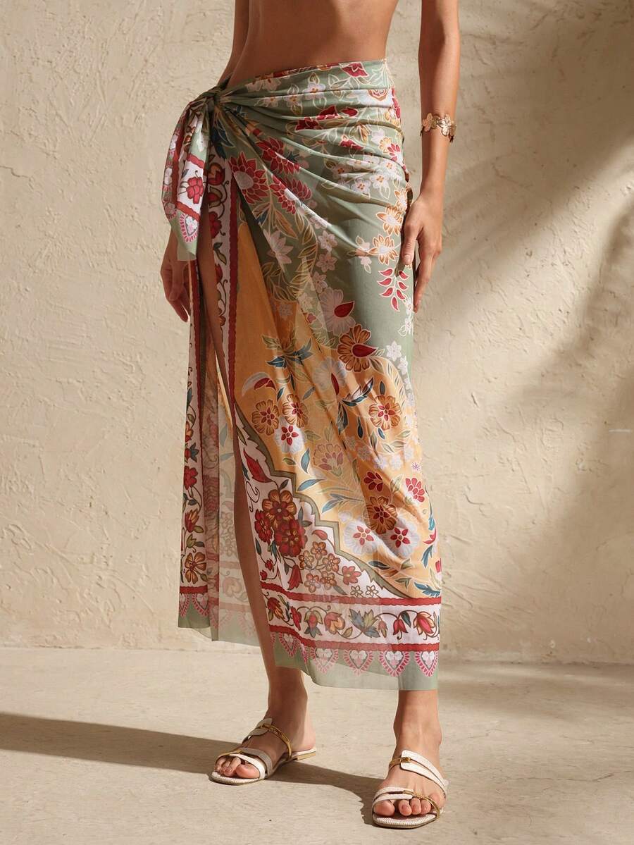 Swim Chiccia 女士雪纺裹身裙，半身大披肩休闲海滩度假风雪纺印花