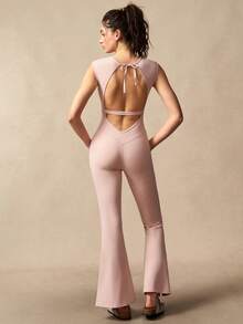 VARSIVA 女士纯色简约短袖连体裤，休闲运动装 - 粉色 - 查看 3