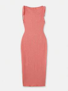 lacRébo Red Gingham Check Print Tie Shoulder Boatneck Midi Dress Spring Summer - Red and White - View 8