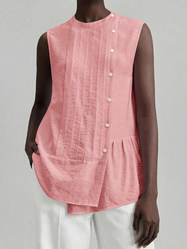 2026SS Summer Women's Shirt, Independence Day Teacher Outfit, Comfortable Casual Style, Linen Fabric, Vacation Top, Asymmetric Design, Loose Fit, Round Neck, Sleeveless Shirt, Shell Buttons, Daily Wear, Pink, Business Casual Office Outfit, Low-Key Vintage Vibe, High-Quality Elegant Urban Commuter Airport Fashion High-End Material, Versatile Women's Blouse