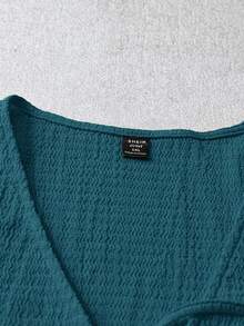 SHEIN LUNE 大码女式V领系带休闲百搭日常短袖上衣 - 水鴨藍 - 查看 4