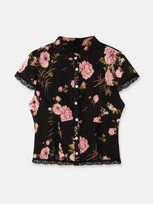 lacRébo 花卉图案修身短袖蕾丝细节女式衬衫，适合春夏度假海滩休闲时尚造型 - 黑色 - 查看 6