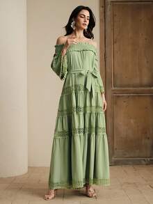 Anewsta 女士露肩花卉刺绣收腰优雅连衣裙 - 綠色 - 查看 6