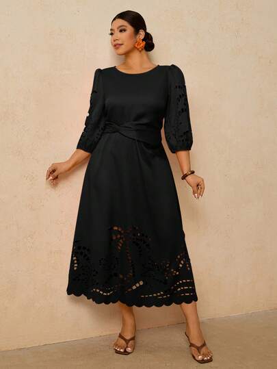 Travachic Plus Size Women's Orange Maxi Dress, Round Neck Long Sleeve Embroidered Hollow Out Dress, Waist Cinched A-Line Dress, Romantic Early Spring Date/Travel Dress