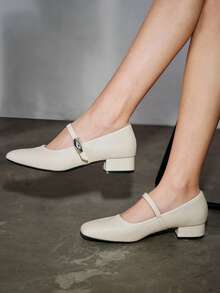 女士3厘米布面包跟黑色时尚百搭藏蓝色、咖啡色、酒红色低跟粗跟优雅玛丽珍平底鞋 - 杏色 - 查看 3