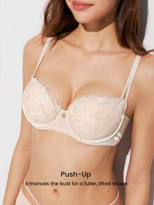 LUVLETTE 女士内衣 聚拢透气钢圈性感无衬里刺绣蕾丝金色米色网纱蕾丝文胸 - 杏色 - 查看 3