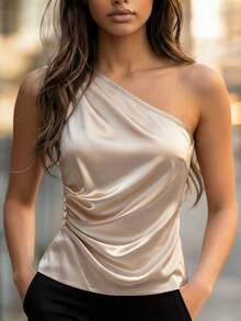 Franclia Women's Satin Solid Color Sleeveless Ruched Waist Fitted Blouse, Women's Top, Women's Camisole, Satin Blouse, Satin Top, Summer, Date, Elegant, Casual - Apricot - View 6