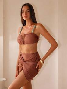 Swim Oasis-D Women Solid Color Spaghetti Strap Chain Decor V-Neck Top & Triangle Bottoms & Skirt 3 Pieces Swimwear - Coffee Brown - View 7