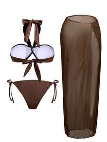 Swim Chiccia Women's Deep Brown Halter Neck Gold Decor Sheer Mesh Sexy Bikini Set - Coffee Brown - View 8