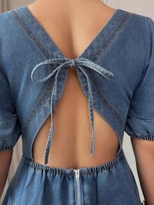 Elenzga Vestido de mezclilla con cintura ceñida para mujer - Azul lavado medio - Ver 3