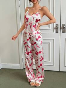 Napfluff Bow Print Faux Silk Camisole & Pants Pajama Set - Red - View 4