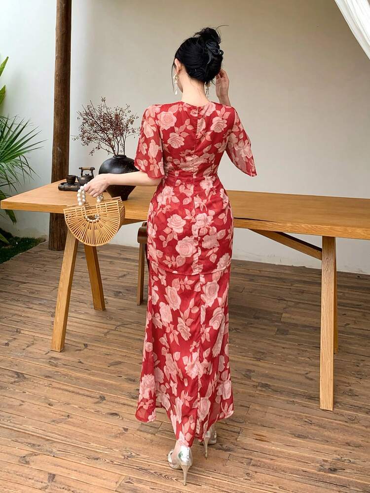 Women's Elegant Floral Print Flutter Sleeve Waist Cinched Dress, Vacation Style Sundress Summer