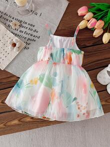 SHEIN 女婴碎花印花可爱吊带连衣裙，度假 - 彩色 - 查看 2