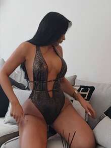 Swim SXY Áo tắm liền thân gợi cảm cổ chữ V sâu in họa tiết da rắn dành cho nữ - màu đen - Xem 4