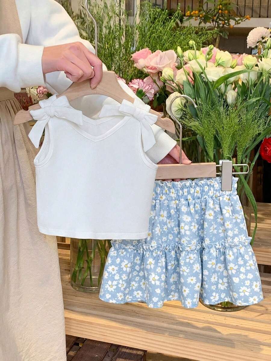 SHEIN LMoss Kids LMoss 女婴针织纯色吊带背心 + 印花雪纺迷你裙两件套 - 藍色 - 查看 1