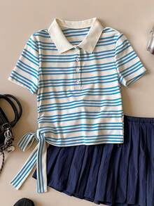 SHEIN Unity Spring/Summer New Blue & White Striped Polo Collar Half-Zip Waist Tie Bow Decor Sweet Cute T-Shirt, Retro College Style For Commuting - Blue and White - View 4
