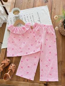 SHEIN LMoss Kids 2pcs Young Girl Chiffon Ditsy Floral Ruffle Trim Top And Loose Pants Set - Pink - View 9