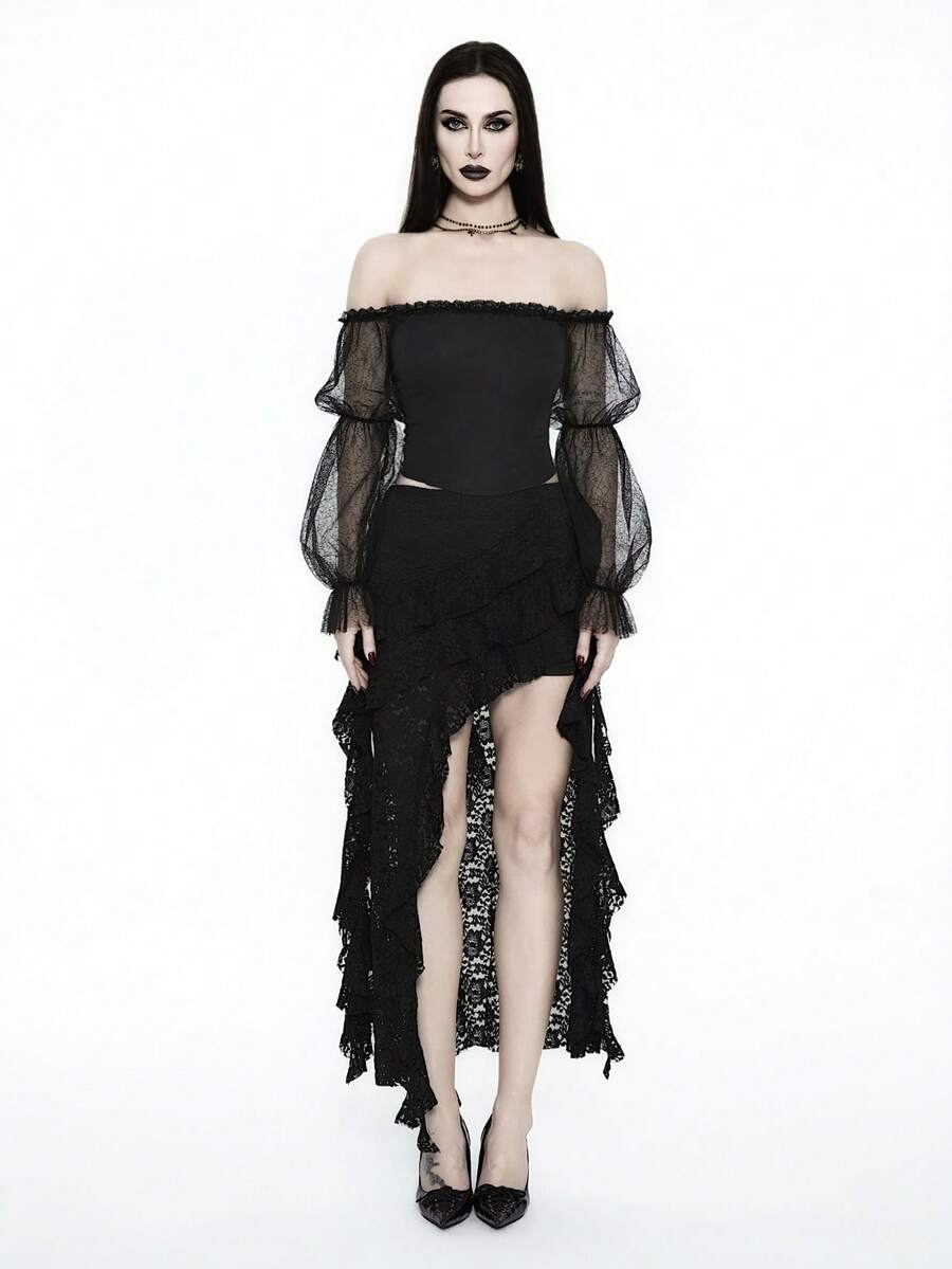 Glisette New Stylish Petal Sleeve Blouse, Sexy Off Shoulder Mesh Lace Patchwork Cinched Waist Women Top - Black - View 1