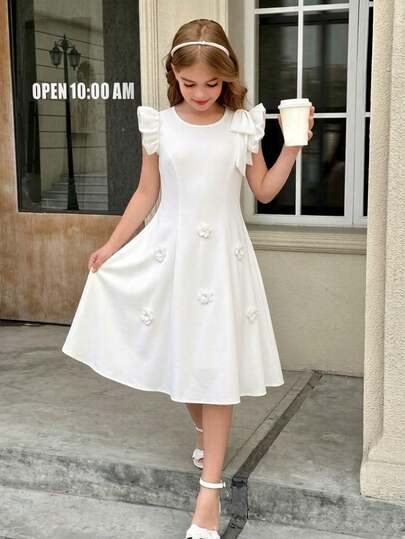 SHEIN Girls' Solid Color Floral Bow Frill Trim Cap Sleeve Dress, Sweet & Elegant, Minimalist Versatile Fashion, Comfortable & Snug Fit, Suitable For Outings, Gatherings In Summer