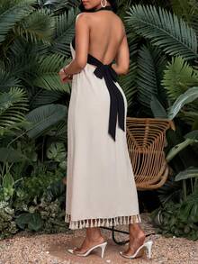 SHEIN Lady فستان نسائي كاجوال للعطلات بتصميم ظهر مكشوف وحاشية شراشيب ذو لون متباين - متعدد الألوان - مشاهدة 2