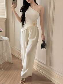 Feyla 一套女士优雅斜领金属纽扣衬衫和裤子 - 杏色 - 查看 3