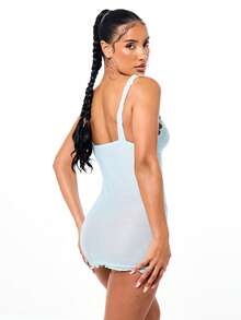 SUMWON WOMEN 女士浅蓝色罗纹V领无袖迷你家居连衣裙，荷叶边下摆细节 - 藍色 - 查看 2