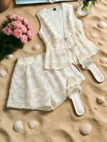 GlowEve 2pcs Jacquard Deep V-Neck Tie-Up Waist Elegant Top And Pants Set - Apricot - View 8