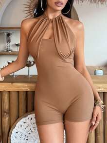 SHEIN DivaQ Mono corto elegante y sexy de mujer sin mangas con abertura delantera calada - Marrón - Ver 4