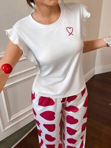 SHEIN Napfluff Heart Print Short Sleeve & Pants Cute Pajama Set - White - View 3