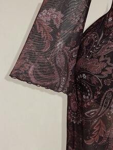 SHEIN ICON Áo dài tay dáng rộng dành cho nữ, họa tiết hoa, thắt nơ phía trước, kiểu dáng thường ngày. - màu nâu - Xem 7