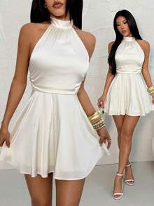 SHEIN PETITE 女士纯色露背扭结褶皱挂脖迷你连衣裙,适合秋季、圣诞节、新年、感恩节等场合,优雅派对礼服,婚礼宾客礼服,舞会礼服,正式礼服,晚礼服,时尚婚礼 - 杏色 - 查看 11