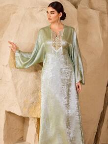 Al Najma Áo choàng dài nữ lấp lánh thêu đính cườm, kiểu dáng rộng rãi, tôn dáng, thích hợp cho tiệc tùng và các dịp trang trọng. - màu xanh lá - Xem 6