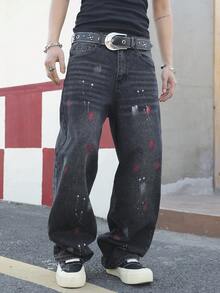 Manfinity EMRG Men's Black Distressed Denim Wide Leg Jeans, Casual Street Style - Black - View 4