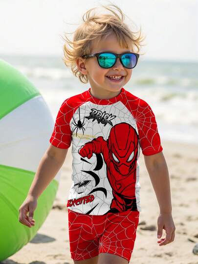 SHEIN 男童休闲宽松圆领短袖T恤短裤泳装套装，适合夏季穿着，经典蜘蛛网印花，蜘蛛侠卡通图案印花，适合冲浪和度假。