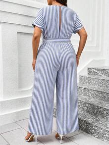 SHEIN Clasi 大码夏季休闲优雅条纹蝙蝠袖连体裤 - 藍白色 - 查看 4