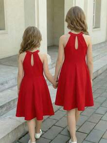 SHEIN Đầm chữ A không tay cổ đứng màu đen trơn, thanh lịch và giản dị cho bé gái, thích hợp cho dịp năm mới, Lễ tình nhân, tiệc sinh nhật, đầm đen cho bé gái, trang phục cho chị em gái. - Đỏ - Xem 3