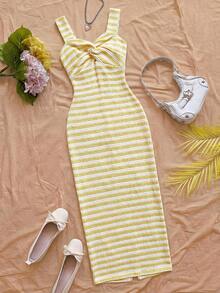 Soleia Women's Casual Striped Twist Sleeveless Midi Dress - Yellow - View 5