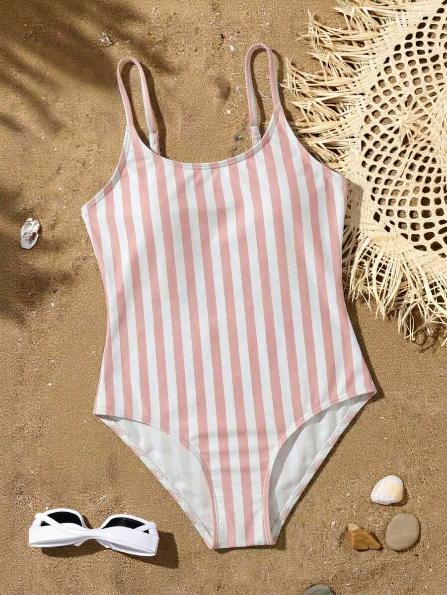 SHEIN 少女条纹吊带连体泳衣,适合夏季度假、海滩、泳池、节日派对 - 粉色 - 查看 1