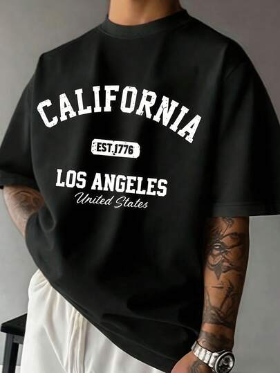 Manfinity LEGND 夏季短袖T恤，圆领休闲字母印花运动上衣