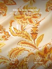 LUVLETTE Tropicoqueta Luxury Lounge Sleepwear Elegant Yellow & Gold Floral Pajama Set - Soft Satin Long-Sleeve Top & Pants With Trim Luxury Lounge Sleepwear - Yellow - View 10
