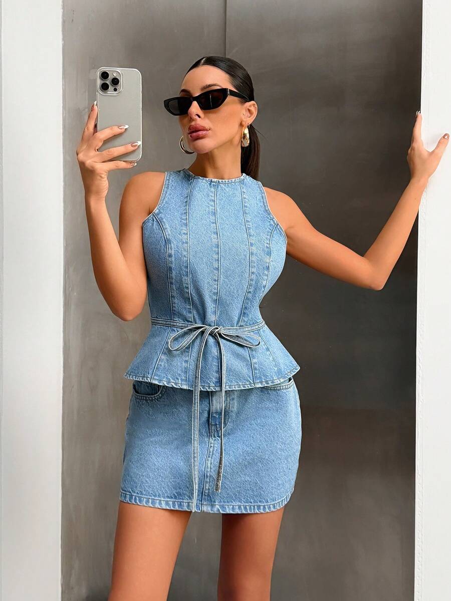 SHEIN Top & Skirt Snow Wash Two Pieces Denim Set - Light Wash - View 1