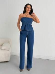 SHEIN Women's Casual Denim Set With Ruched Bandeau Top And Pocketed Pants - Dark Wash - View 1